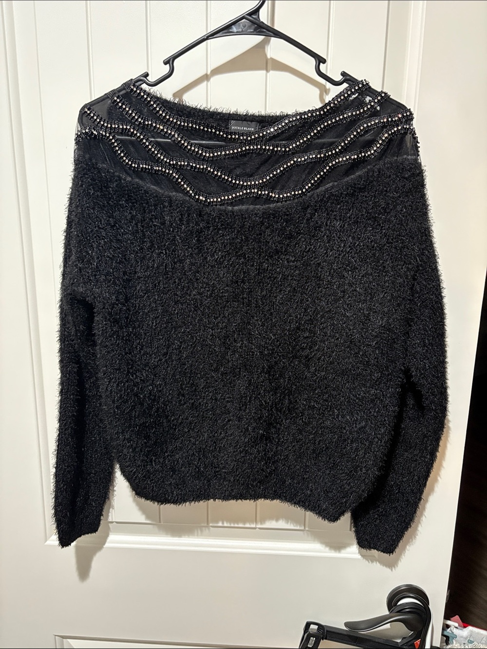 Buckle Black Fuzzy Crewneck Sweater with Beaded Yoke